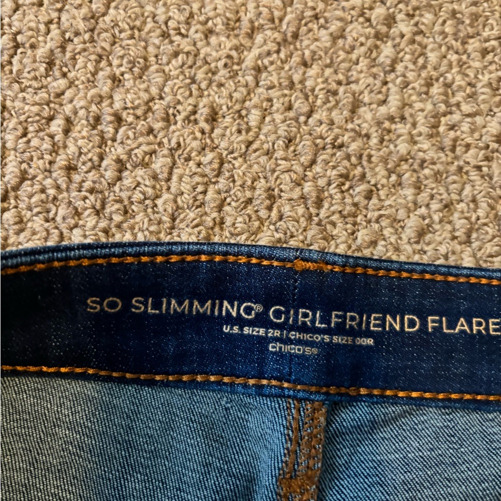 Women's  Chicos So Slimming Girlfriend Flare Blue Patchwork Jeans - Picture 2 of 6